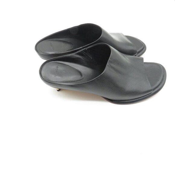 Vince Womens Black Leather Open-Toe Mules With Gold Block Heels Size 6.5 NEW - Picture 1 of 7